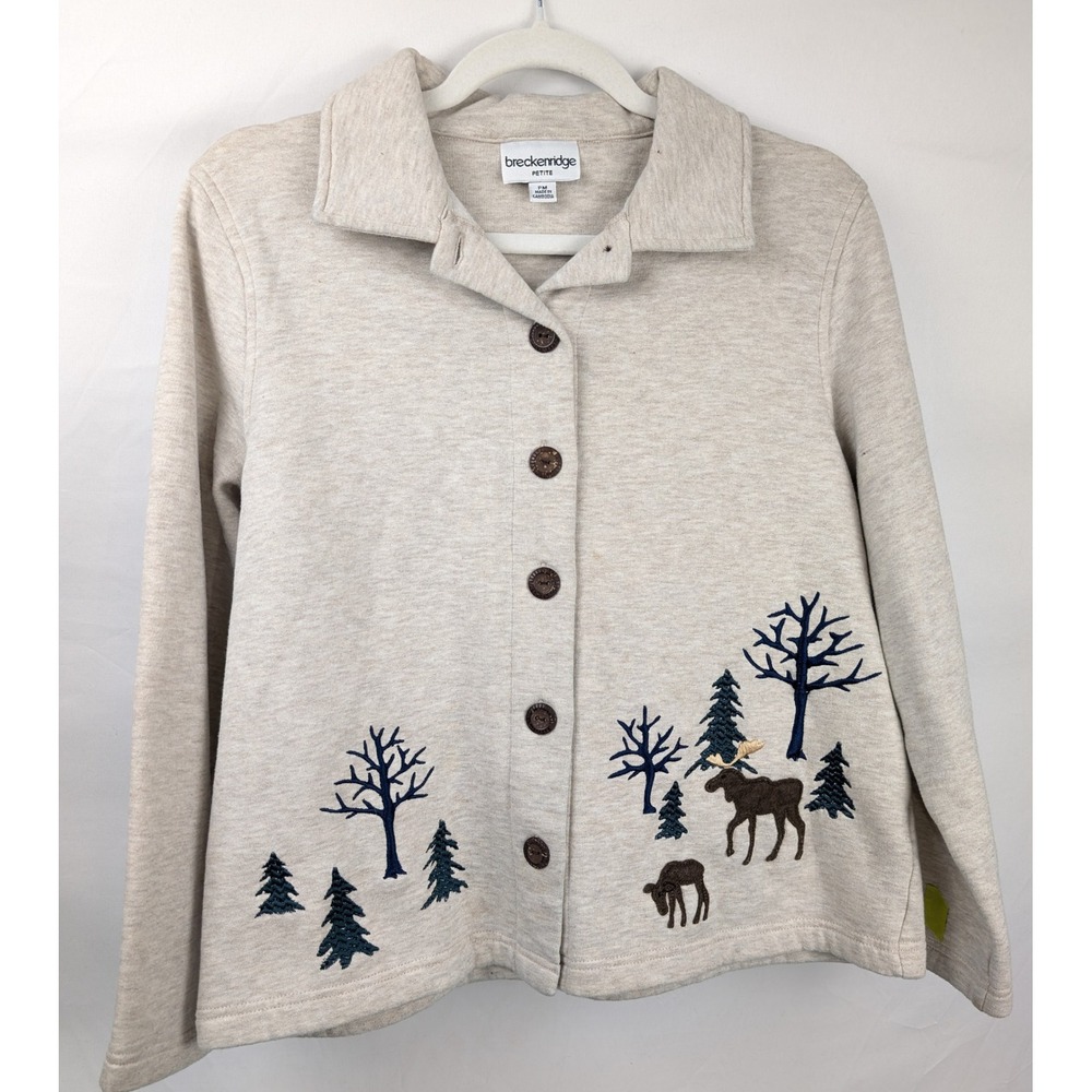Vintage Embroidered Moose Trees Button Jacket Size M Petite Cottagecore Cabin